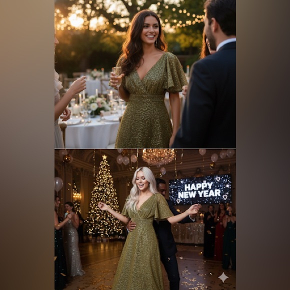 Quiz Gold Olive Green Empire Waist Glitter Angel Sleeve Christmas Dress Size 4 - Picture 3 of 17